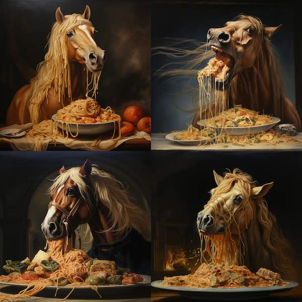 midjourney cheval qui mange des spaghettis