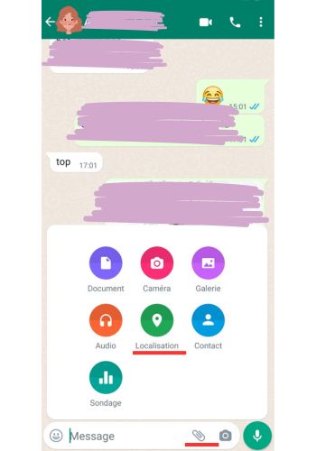 menu whatsapp partage de position